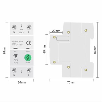 Smart WiFi μικροαυτόματος διακόπτης ράγας διπολικός 2P 63A με μετρητή ενέργειας, προστασία υπερέντασης, υπέρτασης & ανίχνευση διαρροής Tuya