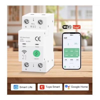 Smart WiFi μικροαυτόματος διακόπτης ράγας διπολικός 2P 63A με μετρητή ενέργειας, προστασία υπερέντασης, υπέρτασης & ανίχνευση διαρροής Tuya