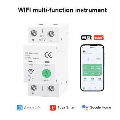 Smart WiFi μικροαυτόματος διακόπτης ράγας διπολικός 2P 63A με μετρητή ενέργειας, προστασία υπερέντασης, υπέρτασης & ανίχνευση διαρροής Tuya