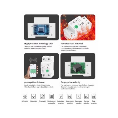 Smart WiFi μικροαυτόματος διακόπτης ράγας διπολικός 2P 63A με μετρητή ενέργειας, προστασία υπερέντασης, υπέρτασης & ανίχνευση διαρροής Tuya