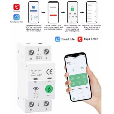 Smart WiFi μικροαυτόματος διακόπτης ράγας διπολικός 2P 63A με μετρητή ενέργειας, προστασία υπερέντασης, υπέρτασης & ανίχνευση διαρροής Tuya