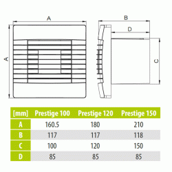 Εξαεριστήρας μπάνιου airRoxy prestige 120 με διακόπτη Φ120mm 16W 126m³/h 46dB με περσίδα βαρύτητας