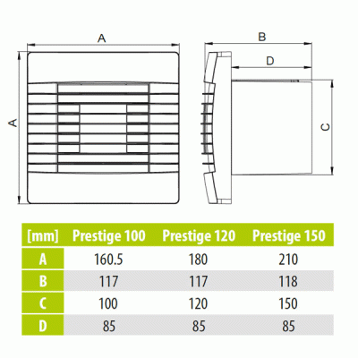 Εξαεριστήρας μπάνιου airRoxy prestige 100 με διακόπτη Φ100mm 15W 97m³/h 40dB & περσίδα βαρύτητας