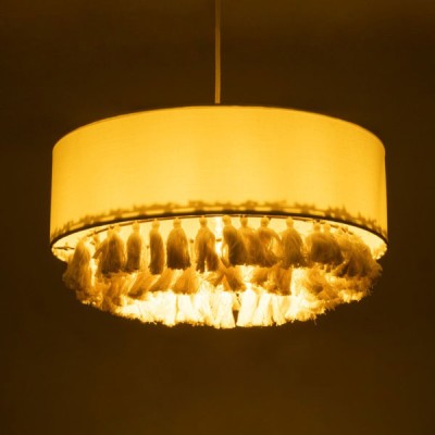 GloboStar® GINGER 02100 Boho Κρεμαστό Φωτιστικό Καπέλο Μονόφωτο 1 x E27 IP20 Μπεζ Ύφασμα με Μπεζ Σχοινί - Μ50 x Π50 x Υ25cm