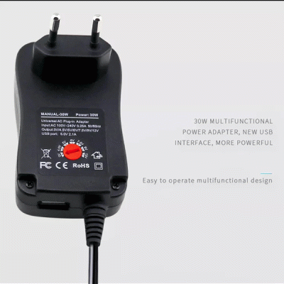 Τροφοδοτικό πρίζας Ac-3-12V 2,1A/30W 6 Connectors Eu με έξοδο USB και ενδεικτικό LED