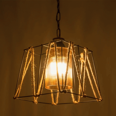 GloboStar® GATSBY 203-0007 Vintage Κρεμαστό Φωτιστικό Σχοινί Μονόφωτο 1 x E27 IP20 Μαύρο Μέταλλο με Μπεζ Σχοινί - Μ25 x Π25 x Υ25cm