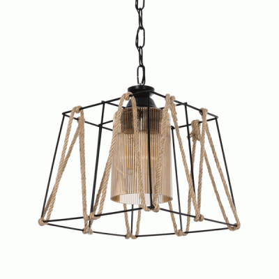 GloboStar® GATSBY 203-0007 Vintage Κρεμαστό Φωτιστικό Σχοινί Μονόφωτο 1 x E27 IP20 Μαύρο Μέταλλο με Μπεζ Σχοινί - Μ25 x Π25 x Υ25cm