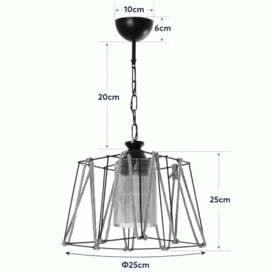 GloboStar® GATSBY 203-0007 Vintage Κρεμαστό Φωτιστικό Σχοινί Μονόφωτο 1 x E27 IP20 Μαύρο Μέταλλο με Μπεζ Σχοινί - Μ25 x Π25 x Υ25cm
