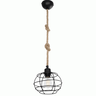 GloboStar® TALAH 203-0008 Vintage Κρεμαστό Φωτιστικό Σχοινί Μονόφωτο 1 x E27 IP20 Μαύρο Μέταλλο με Μπεζ Σχοινί - Μ20 x Π20 x Υ20cm