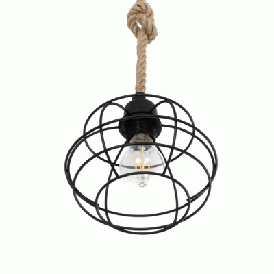 GloboStar® TALAH 203-0008 Vintage Κρεμαστό Φωτιστικό Σχοινί Μονόφωτο 1 x E27 IP20 Μαύρο Μέταλλο με Μπεζ Σχοινί - Μ20 x Π20 x Υ20cm