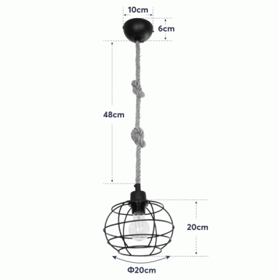GloboStar® TALAH 203-0008 Vintage Κρεμαστό Φωτιστικό Σχοινί Μονόφωτο 1 x E27 IP20 Μαύρο Μέταλλο με Μπεζ Σχοινί - Μ20 x Π20 x Υ20cm