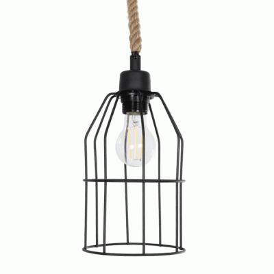 GloboStar® TALAH 203-0009 Vintage Κρεμαστό Φωτιστικό Σχοινί Μονόφωτο 1 x E27 IP20 Μαύρο Μέταλλο με Μπεζ Σχοινί - Μ15.5 x Π15.5 x Υ30cm