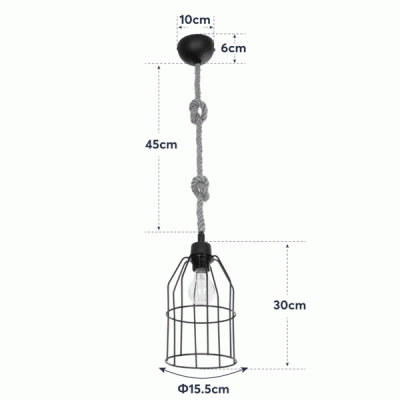 GloboStar® TALAH 203-0009 Vintage Κρεμαστό Φωτιστικό Σχοινί Μονόφωτο 1 x E27 IP20 Μαύρο Μέταλλο με Μπεζ Σχοινί - Μ15.5 x Π15.5 x Υ30cm