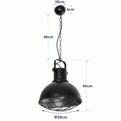 GloboStar® SIERRA 203-0011 Vintage Κρεμαστό Φωτιστικό Καμπάνα Μονόφωτο 1 x E27 IP20 Μαύρο Μέταλλο - Μ30 x Π30 x Υ90cm