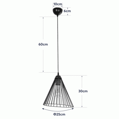 GloboStar® ARCWIRE 203-0015 Μοντέρνο Κρεμαστό Φωτιστικό Πλέγμα Μονόφωτο 1 x E27 IP20 Μαύρο Μέταλλο - Μ25 x Π25 x Υ30cm