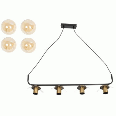 GloboStar® LATTICE 203-0018 Μοντέρνο Κρεμαστό Φωτιστικό Ράγα Πολύφωτο 4 x E27 IP20 Μαύρο & Μπρούτζινο Μέταλλο με Mελί Γυαλί - Μ78 x Π15 x Υ81cm