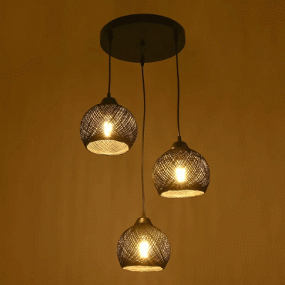 GloboStar® YASAM 203-0022 Vintage Κρεμαστό Φωτιστικό Σχοινί Τρίφωτο 3 x E27 IP20 Μαύρο Σχοινί - Μ35 x Π35 x Υ80cm