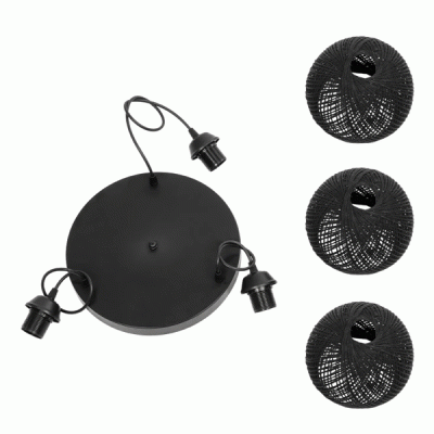 GloboStar® YASAM 203-0022 Vintage Κρεμαστό Φωτιστικό Σχοινί Τρίφωτο 3 x E27 IP20 Μαύρο Σχοινί - Μ35 x Π35 x Υ80cm