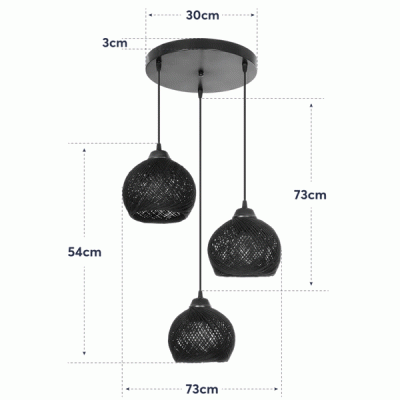GloboStar® YASAM 203-0022 Vintage Κρεμαστό Φωτιστικό Σχοινί Τρίφωτο 3 x E27 IP20 Μαύρο Σχοινί - Μ35 x Π35 x Υ80cm