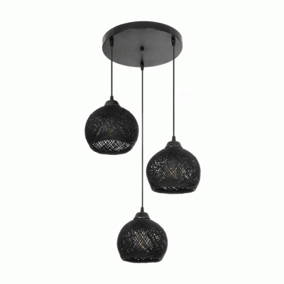 GloboStar® YASAM 203-0022 Vintage Κρεμαστό Φωτιστικό Σχοινί Τρίφωτο 3 x E27 IP20 Μαύρο Σχοινί - Μ35 x Π35 x Υ80cm