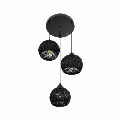 GloboStar® YASAM 203-0022 Vintage Κρεμαστό Φωτιστικό Σχοινί Τρίφωτο 3 x E27 IP20 Μαύρο Σχοινί - Μ35 x Π35 x Υ80cm