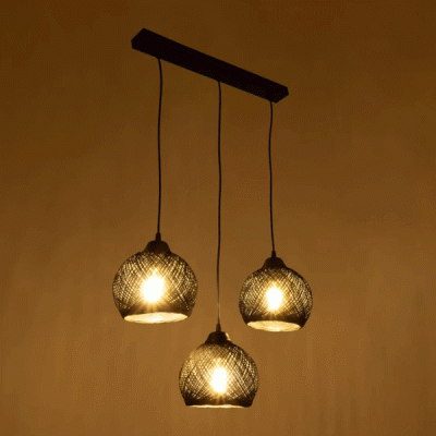 GloboStar® YASAM 203-0026 Vintage Κρεμαστό Φωτιστικό Σχοινί Τρίφωτο 3 x E27 IP20 Μαύρο Σχοινί - Μ55 x Π25 x Υ90cm