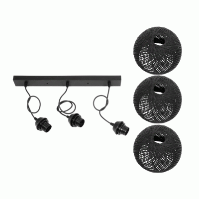 GloboStar® YASAM 203-0026 Vintage Κρεμαστό Φωτιστικό Σχοινί Τρίφωτο 3 x E27 IP20 Μαύρο Σχοινί - Μ55 x Π25 x Υ90cm