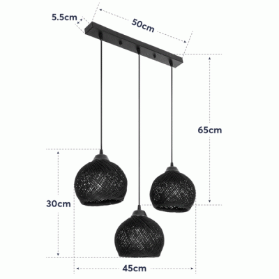 GloboStar® YASAM 203-0026 Vintage Κρεμαστό Φωτιστικό Σχοινί Τρίφωτο 3 x E27 IP20 Μαύρο Σχοινί - Μ55 x Π25 x Υ90cm