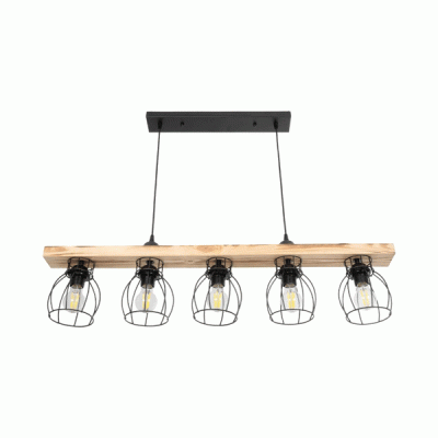GloboStar® BARISTA 203-0095 Vintage Κρεμαστό Φωτιστικό Ράγα Πολύφωτο 5 x E27 IP20 Μαύρο Μεταλλό με Μπεζ Ξύλο - Μ50 x Π8 x Υ3cm
