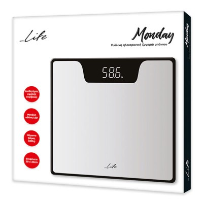 Γυάλινη ηλεκτρονική ζυγαριά μπάνιου LIFE MONDAY 30x30cm με ένδειξη χαμηλής στάθμης μπαταριών Γυάλινη ηλεκτρονική ζυγαριά μπάνιου LIFE MONDAY 30x30cm με ένδειξη χαμηλής στάθμης μπαταριών