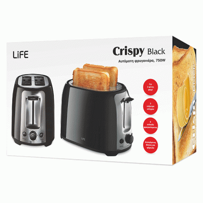 Αυτόματη φρυγανιέρα LIFE CRISPY BLACK 750W με 3 πλήκτρα ελέγχου για απόψυξη, αναθέρμανση & διακοπή