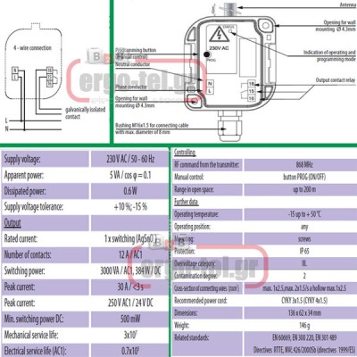 Ασύρματος δέκτης ELKO RFUS-61 στεγανός IP65 για εξωτερικούς χώρους εμβέλεια 200m & 1έξοδος