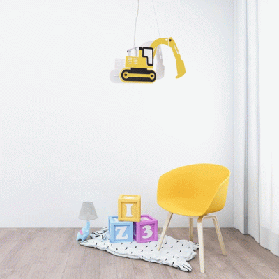 GloboStar® EXCAVATOR 61579 Μοντέρνο Παιδικό Κρεμαστό Φωτιστικό Οροφής Μονόφωτο 1 x E27 Κίτρινο PVC Φιγούρα Εκσκαφέας-Φαγάνα Μ45 x Π15.5 x Υ27cm