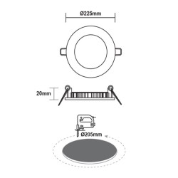 Φωτιστικό LED PANEL οροφής χωνευτό στρόγγυλο Φ205mm 230V 18W με θερμό χρώμα φωτός 3000K 1700lm σε λευκό χρώμα