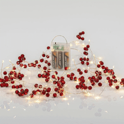 Διακοσμητικά λαμπάκια σε σειρά 72 mini led με κόκκινα berry 1,2cm μπαταρίας  χρονοδιακόπτη σε θερμό λευκό φως IP20