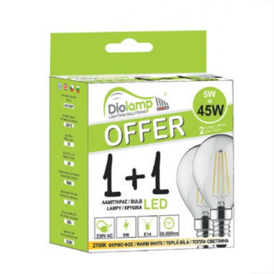 Λάμπα led filament σφαιρική Ε14 5W 230V 2700k θερμό λευκό φως 400Lm σε blister 2 τμχ