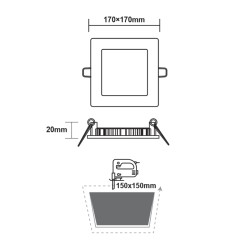 Φωτιστικό LED PANEL χωνευτό λευκό τετράγωνο 12W ενδιάμεσο χρώμα φωτός 4000K 1100lm με διάσταση 170x170mm