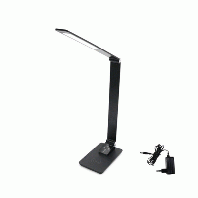 Μαύρο μοντέρνο φωτιστικό γραφείου LED 9,5W 230V/12VDC με δυνατότητα εναλλαγής χρωμάτων CCT και ασύρματη φόρτιση έως 10W για κινητά με το πρότυπο Qi ντιμαριζόμενο