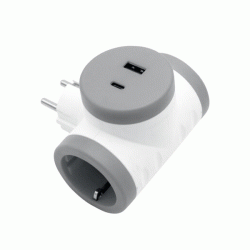 Ταχυφορτιστής ταφ σούκο σε 2 φις θηλυκά, USB και TYPE C θύρες έως 20W 230V γκρι λευκό χρώμα