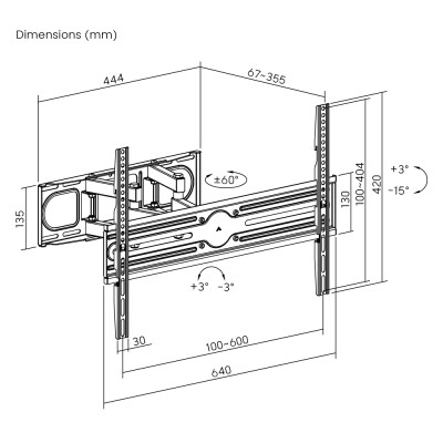 POWERTECH επιτοίχια βάση τηλεόρασης PT-1389, 37-80", έως 40kg, full motion