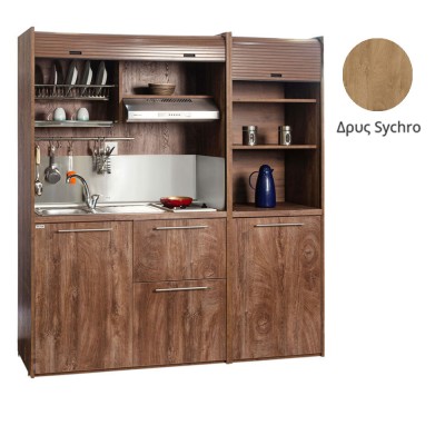 Πολυκουζίνα mini kitchen 190cm με μικρό ψυγείο & μικρό φουρνάκι απόχρωση δρυς sychro για ξενώνες & γραφεία