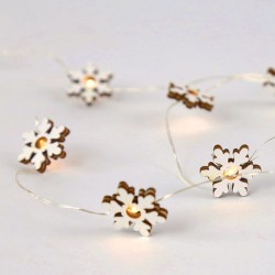10 LED λαμπάκια με ξύλινες χιονονιφάδες με θερμό χρώμα φωτός & ασημί καλώδιο χαλκού IP20 με μήκος 90cm