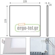 Led panel slim φωτιστικό χωνευτό 20W λευκό τετράγωνο ψυχρό φως 6500k 230V 1800lm