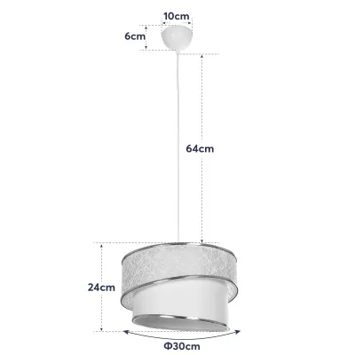 GloboStar® SONIA 203-0115 Μοντέρνο Κρεμαστό Φωτιστικό Καπέλο Μονόφωτο 1 x E27 IP20 Λευκό Ύφασμα με Ασημί Λεπτομέρεια -Μ30 x Π30 x Υ90 cm