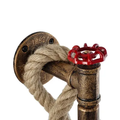 GloboStar® TROUVER 01183 Vintage Industrial Φωτιστικό Τοίχου Απλίκα Μονόφωτο Μπρούτζινο Σκουριά Μεταλλικό με Μπεζ Σχοινί Μ14.5 x Π3.3 x Υ16cm