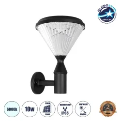 Μοντέρνο επιτοίχιο φωτιστικό LED ηλιακό kelvo® SOLARTIS 10W 1000lm 180° με ενσωματωμένο φωτοβολταϊκό panel 6V 5W και επαναφορτιζόμενη μπαταρία Li-ion 3.2V 6000mAh με αισθητήρα ημέρας-νύχτας αδιάβροχο IP65 ψυχρό λευκό 6000K μαύρο 26.5x30x40cm