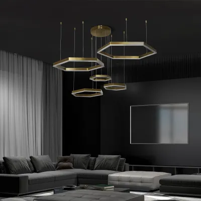 Κρεμαστό φωτιστικό οροφής LED kelvo® LEXAGON 120W 12000lm 200° AC 220-240V IP20 ρυθμιζόμενο λευκό CCT με χειριστήριο από 2700K έως 6000K ντιμμαριζόμενο χρυσό πλατίνα 110x90x110cm
