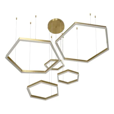 Κρεμαστό φωτιστικό οροφής LED kelvo® LEXAGON 120W 12000lm 200° AC 220-240V IP20 ρυθμιζόμενο λευκό CCT με χειριστήριο από 2700K έως 6000K ντιμμαριζόμενο χρυσό πλατίνα 110x90x110cm