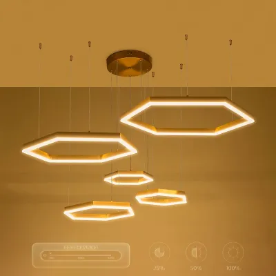 Κρεμαστό φωτιστικό οροφής LED kelvo® LEXAGON 120W 12000lm 200° AC 220-240V IP20 ρυθμιζόμενο λευκό CCT με χειριστήριο από 2700K έως 6000K ντιμμαριζόμενο χρυσό πλατίνα 110x90x110cm