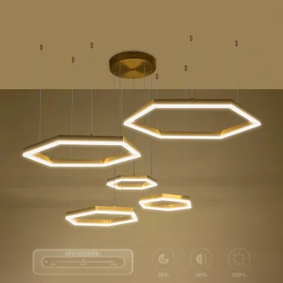 Κρεμαστό φωτιστικό οροφής LED kelvo® LEXAGON 120W 12000lm 200° AC 220-240V IP20 ρυθμιζόμενο λευκό CCT με χειριστήριο από 2700K έως 6000K ντιμμαριζόμενο χρυσό πλατίνα 110x90x110cm